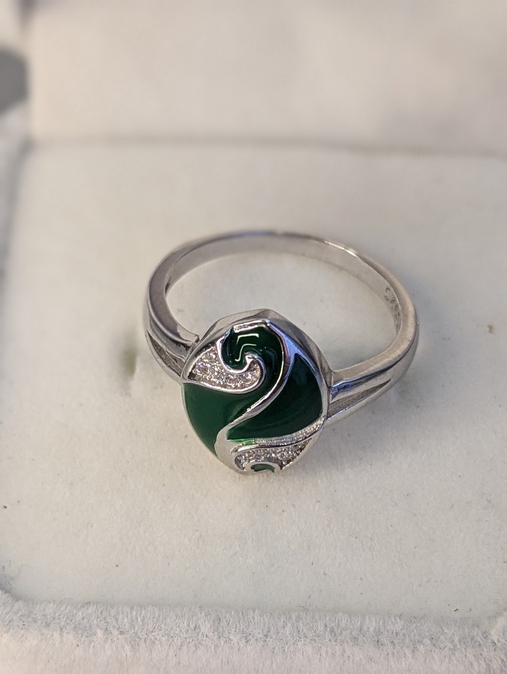 Sterling Silver Green Enamel Cz Ring Size 7.5 Modern Statement